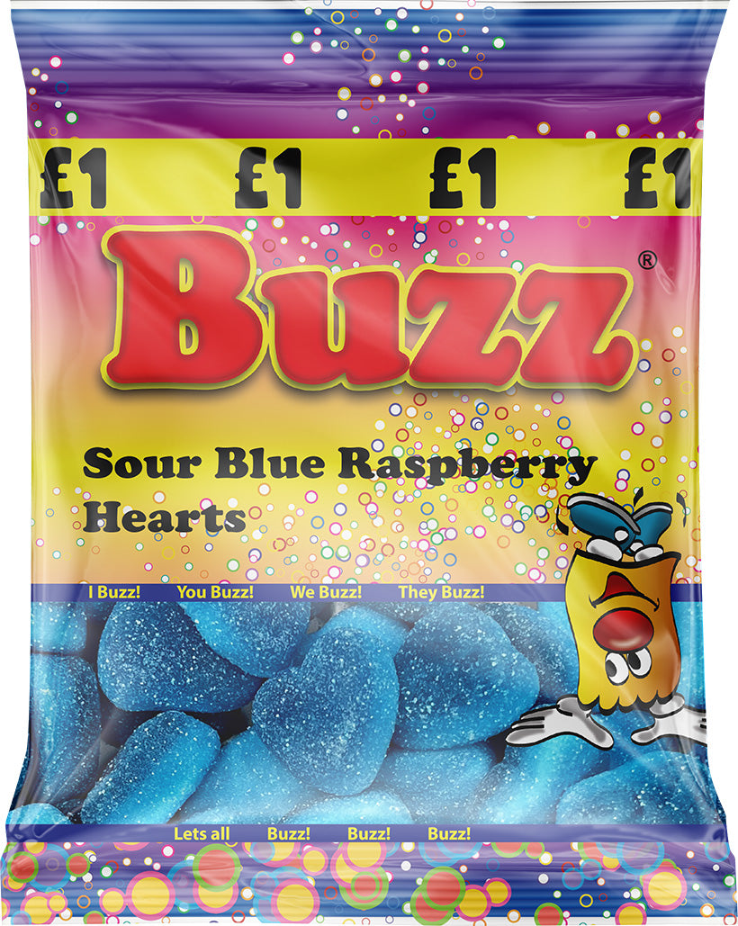 Buzz Sweets Sour Blue Raspberry Hearts | Share Bags