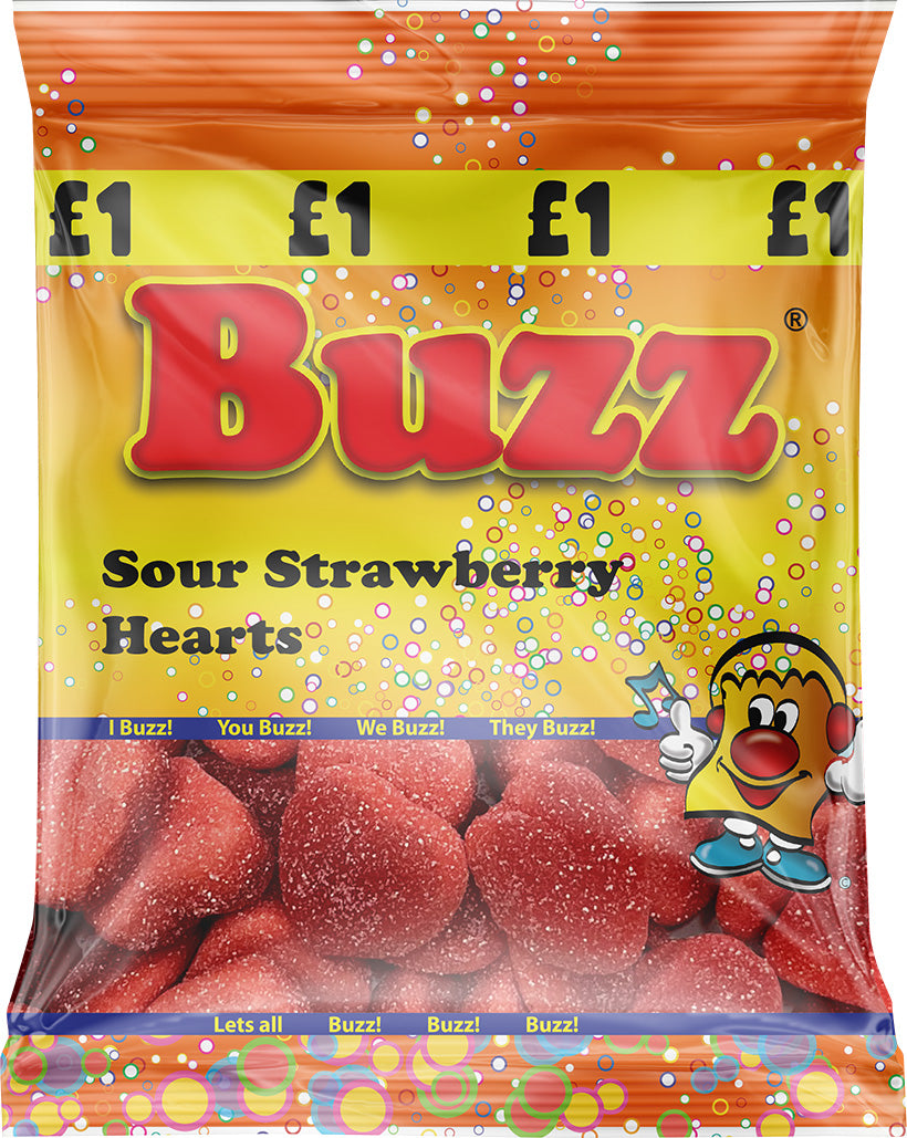 Buzz Sweets Sour Strawberry Hearts | Share Bags