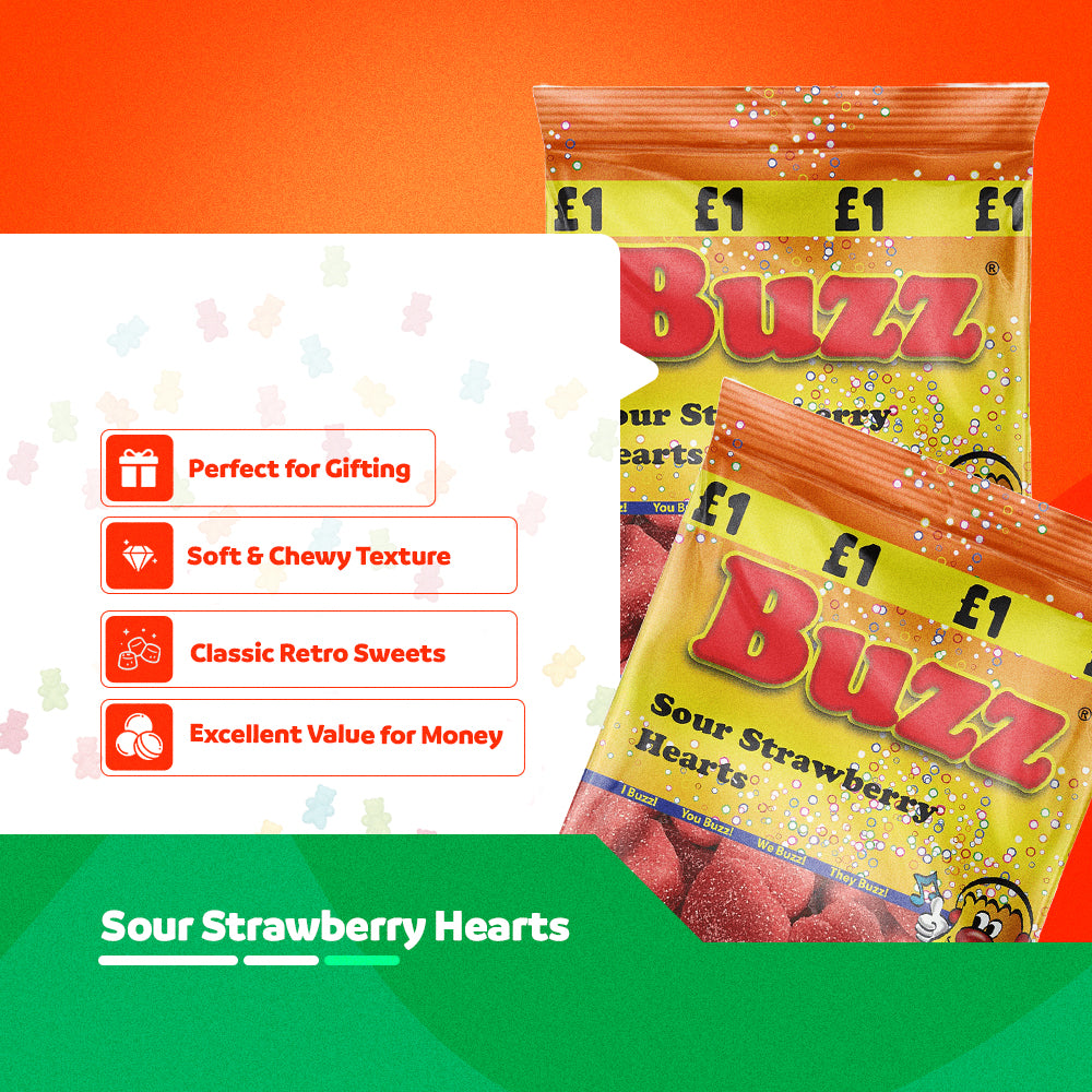 Buzz Sweets Sour Strawberry Hearts | Share Bags