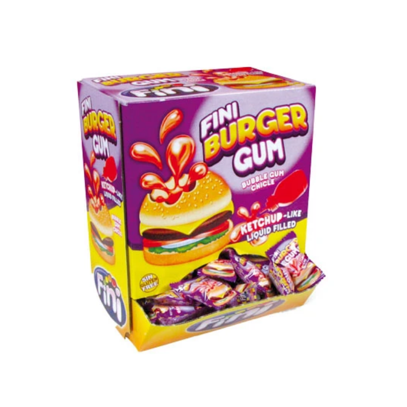 Box of Burger shaped bubblegum. Strawberry liquid centre.